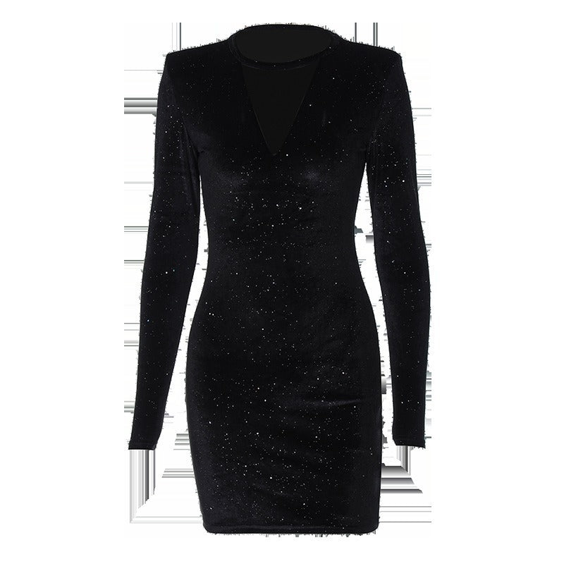 Women's Sheath Dress Elegant Sexy Round Neck Sequins Long Sleeve Solid Color Above Knee Holiday