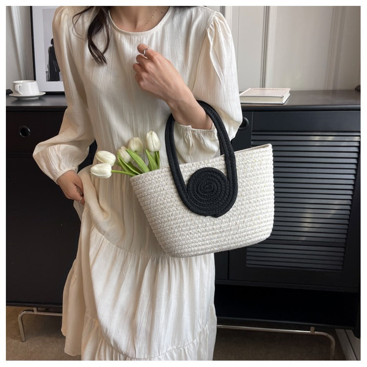 Women's cotton thread Splicing Vacation Weave Bucket Open Handbag