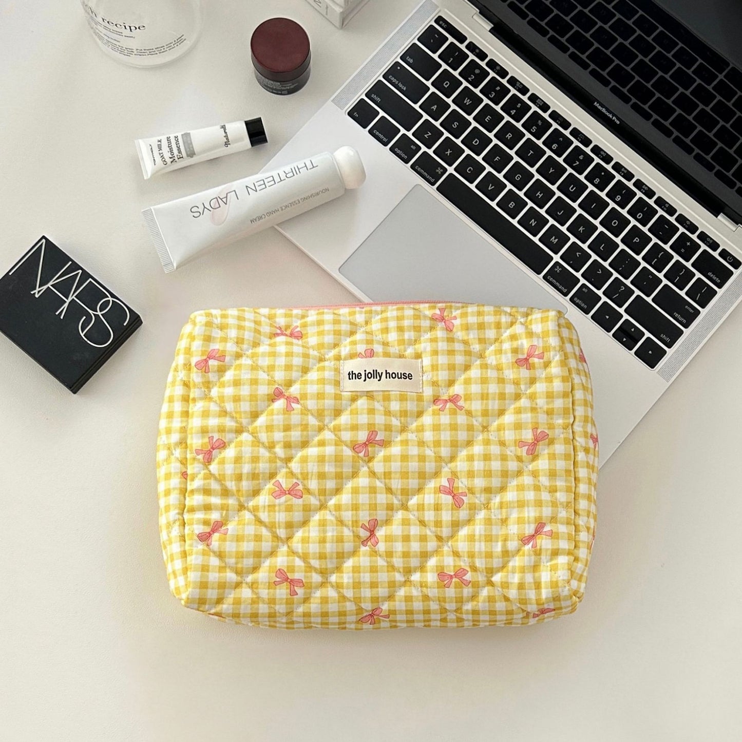 Elegant Streetwear Plaid Canvas Square Makeup Bags