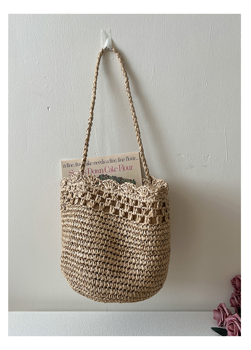 Women's Medium Paper Solid Color Vacation Weave Hollow Bucket String Bucket Bag