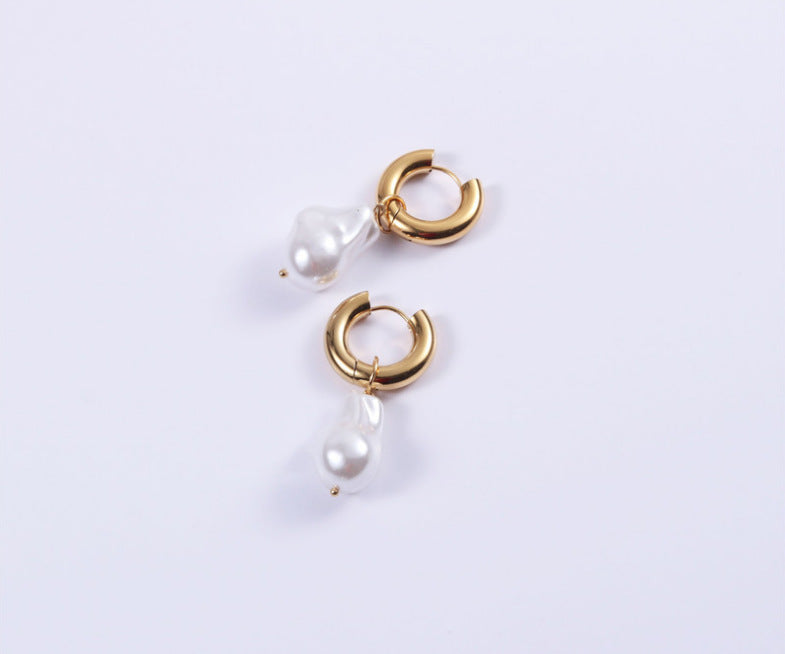 1 Pair Retro Geometric Inlay 304 Stainless Steel Baroque pearl Drop Earrings - CEJEW