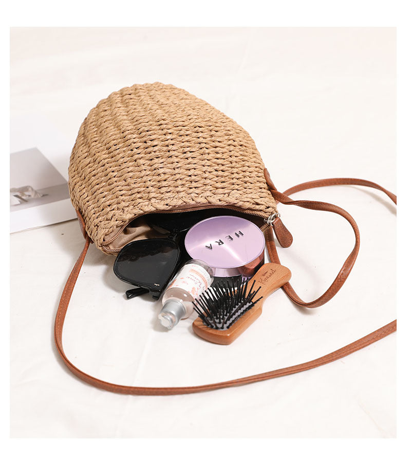 Women's Straw Solid Color Vacation Weave Bucket Zipper Crossbody Bag