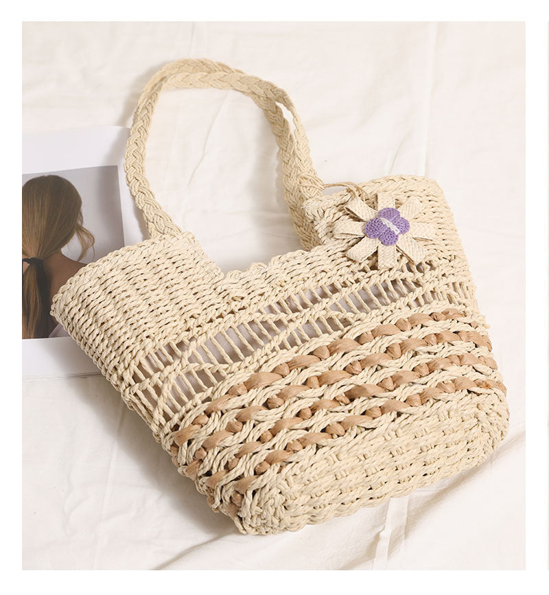 Women's Straw Flower Vacation Weave Hollow Bucket Zipper Tote Bag