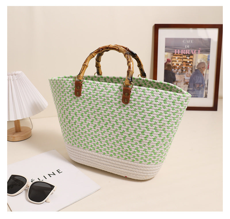 Women's Cotton Splicing Vacation Weave Shell Open Handbag