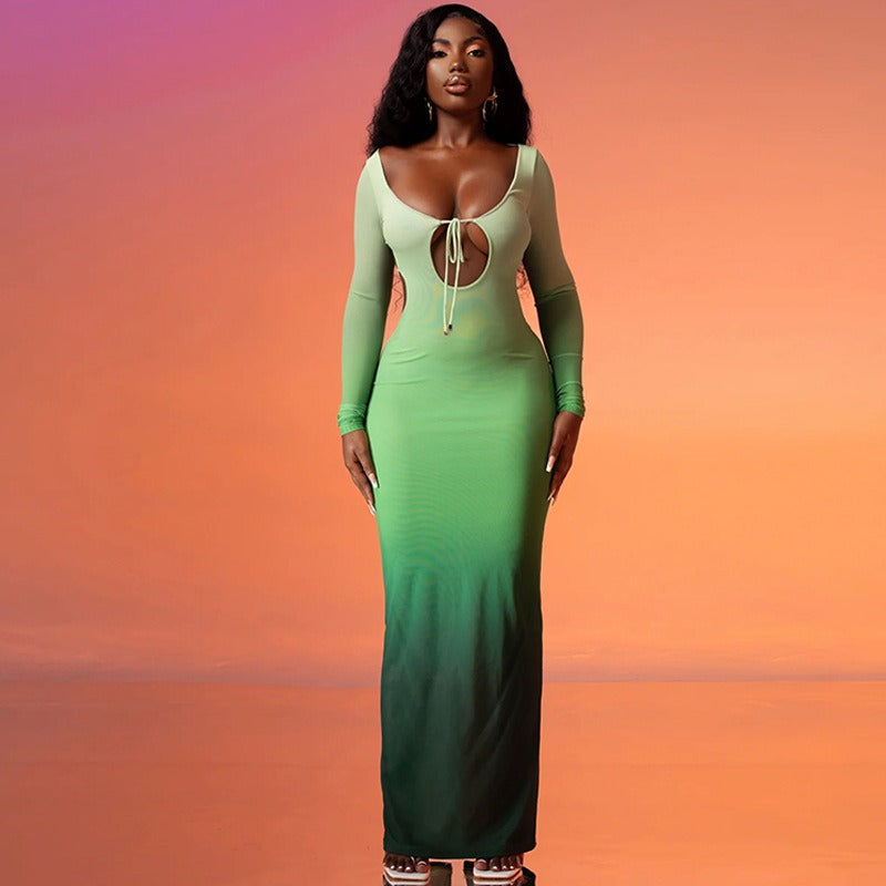 Women's Sheath Dress Elegant Sexy U Neck Hollow Out Long Sleeve Gradient Color Maxi Long Dress Holiday