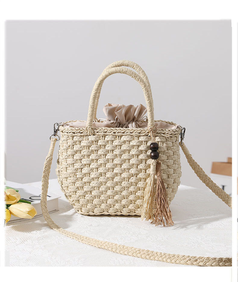 Women's Straw Solid Color Vacation Beading Tassel Weave Square String Shoulder Bag