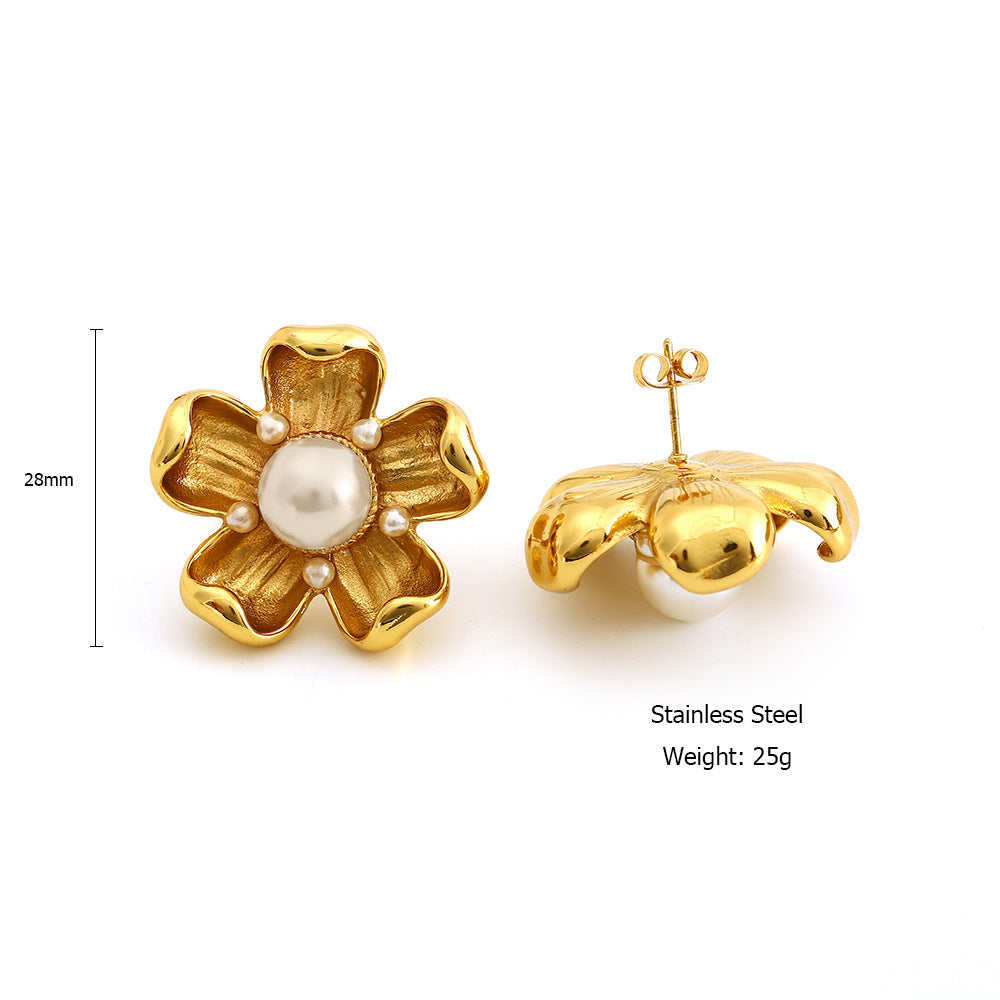 1 Pair Elegant Flower Plating Inlay Titanium Steel Pearl 18K Gold Plated Ear Studs