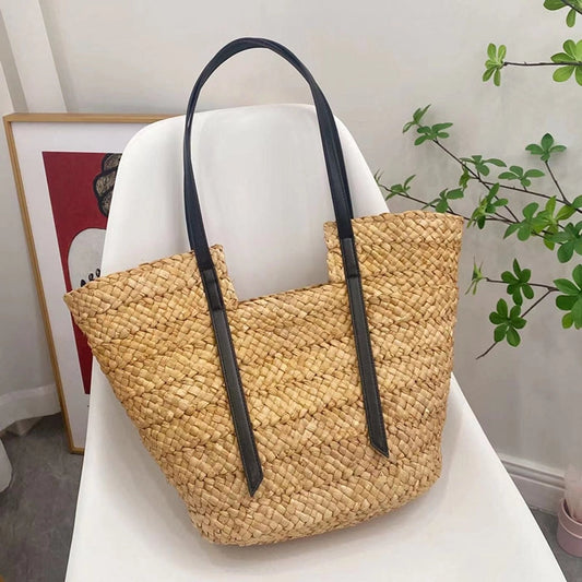 Women's Medium CORN HUSK Solid Color Vintage Style Streetwear Weave Square Zipper Straw Bag