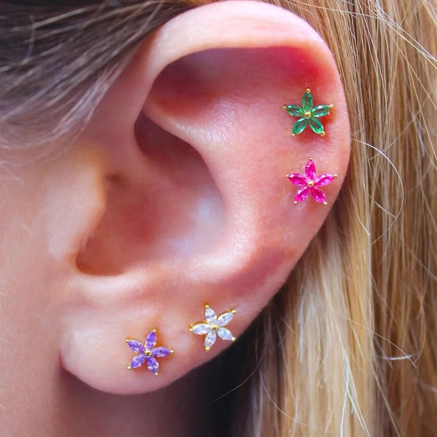 1 piece shiny flower plating inlay copper zircon ear studs