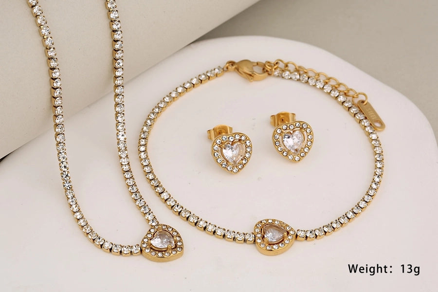 Jewelry Glam Luxurious Shiny Heart Shape 304 Stainless Steel Artificial Diamond Inlay Jewelry Set