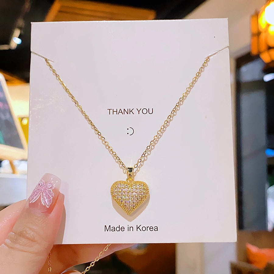 Jewelry Elegant Glam Luxurious Heart Shape 304 Stainless Steel Copper Artificial Diamond 18K Gold Plated Inlay Pendant Necklace