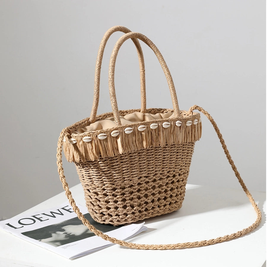 Women's Medium Straw Solid Color Vacation Beach Weave Bucket String Straw Bag