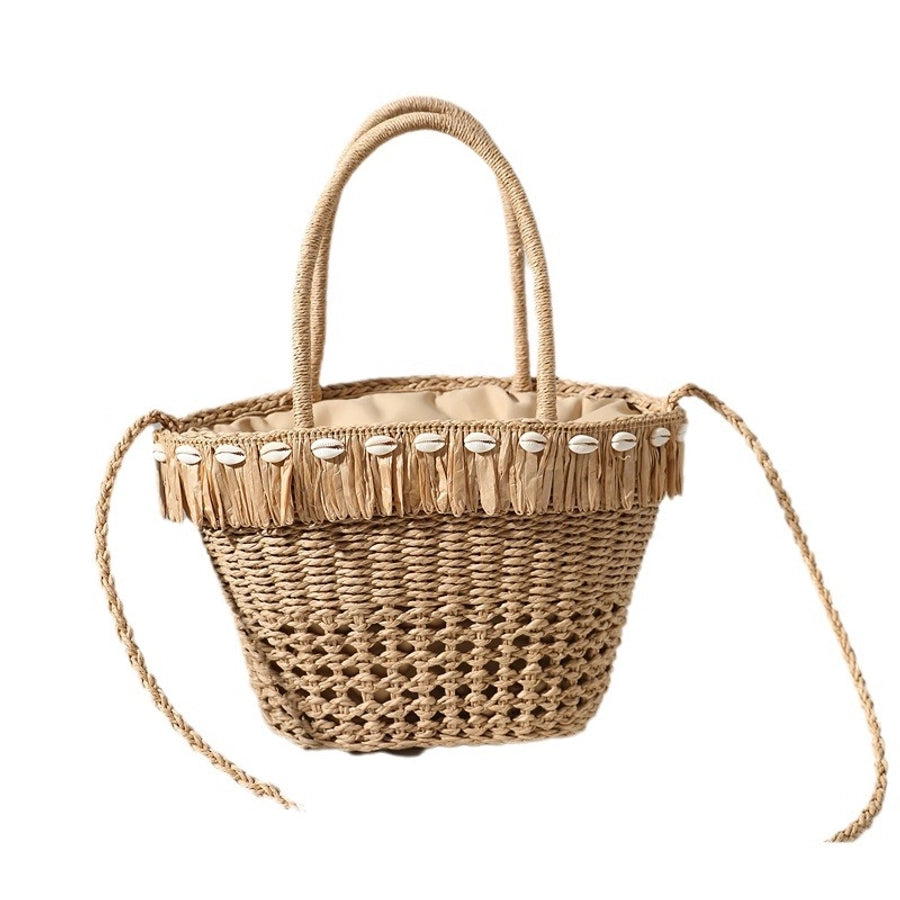 Women's Medium Straw Solid Color Vacation Beach Weave Bucket String Straw Bag