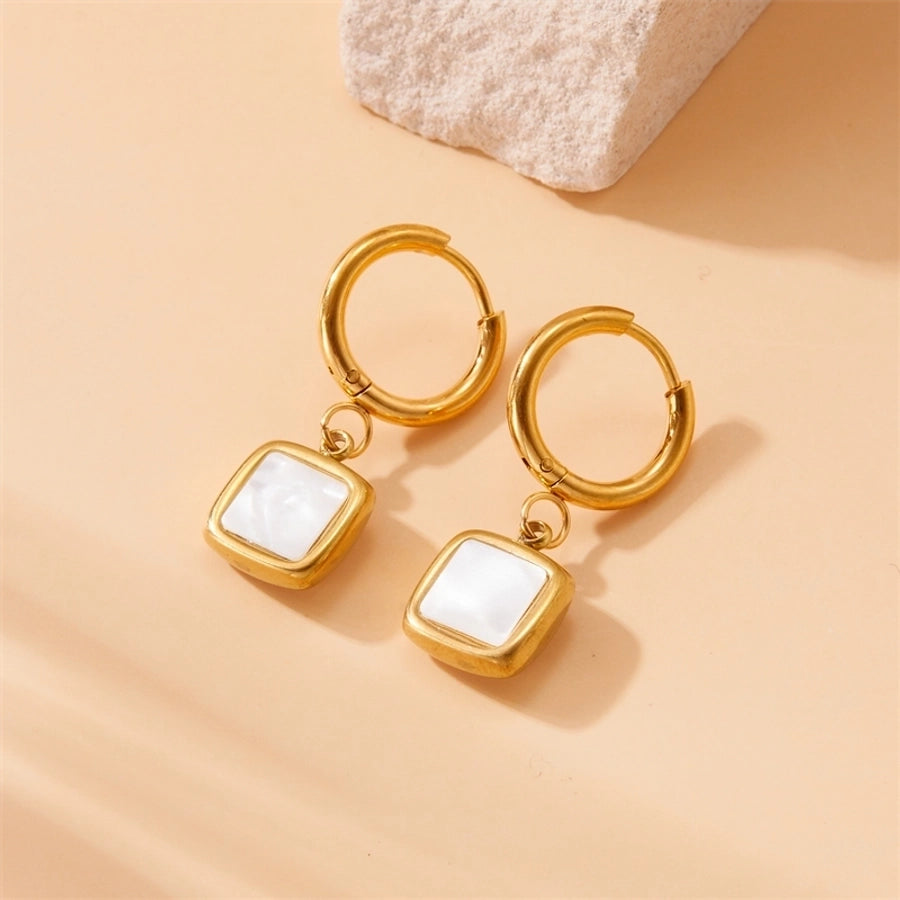 1 Pair Casual Vintage Style Square Oval Plating Inlay 304 Stainless Steel Shell 18K Gold Plated Drop Earrings - CEJEW