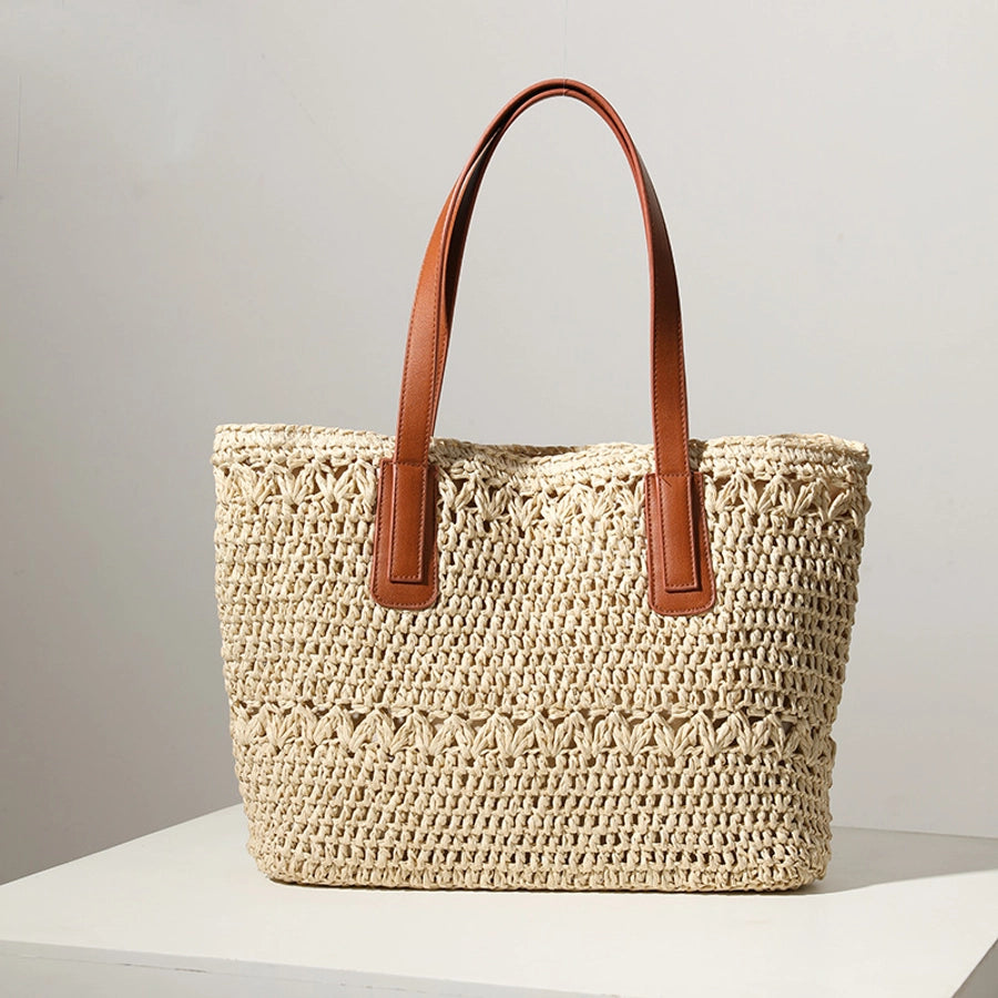 Women's Straw Solid Color Vacation Weave Square Zipper Tote Bag