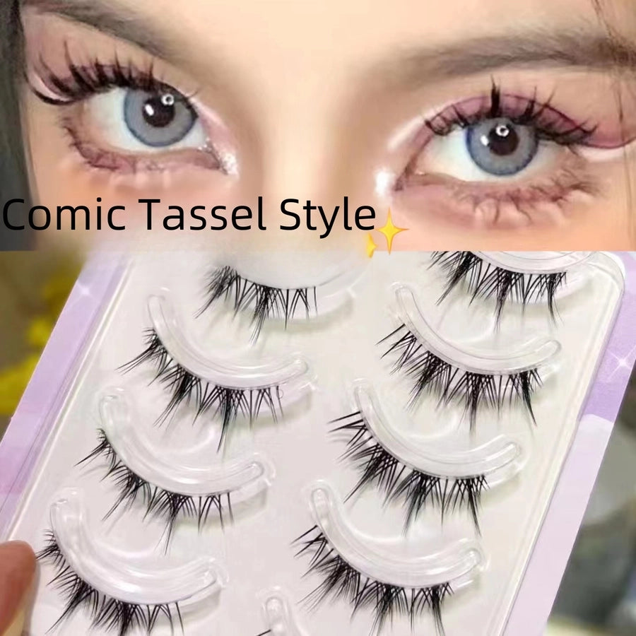 Cute Cartoon Tassel Style False Eyelashes Crossed Natural Airy Transparent Fine Stemmed Five Pairs Set