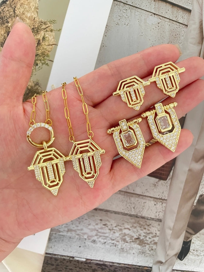 Copper 18K Gold Plated Geometric Zircon Jewelry Set