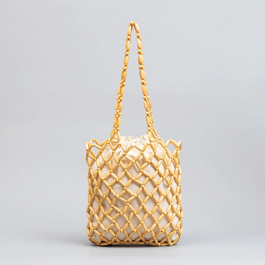 Women's Wood Solid Color Basic Beading Weave Square String Shoulder Bag