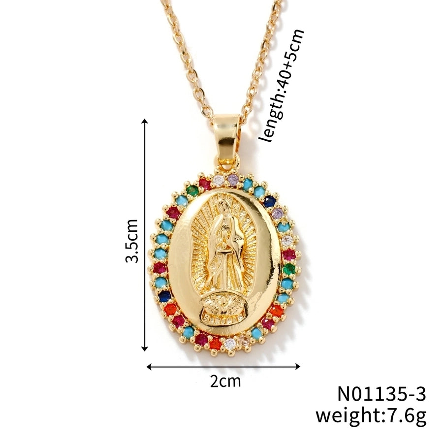 Jewelry Vintage Style Classic Style Geometric Round Virgin Mary 304 Stainless Steel Copper Zircon K Gold Plated Inlay Pendant Necklace - CEJEW