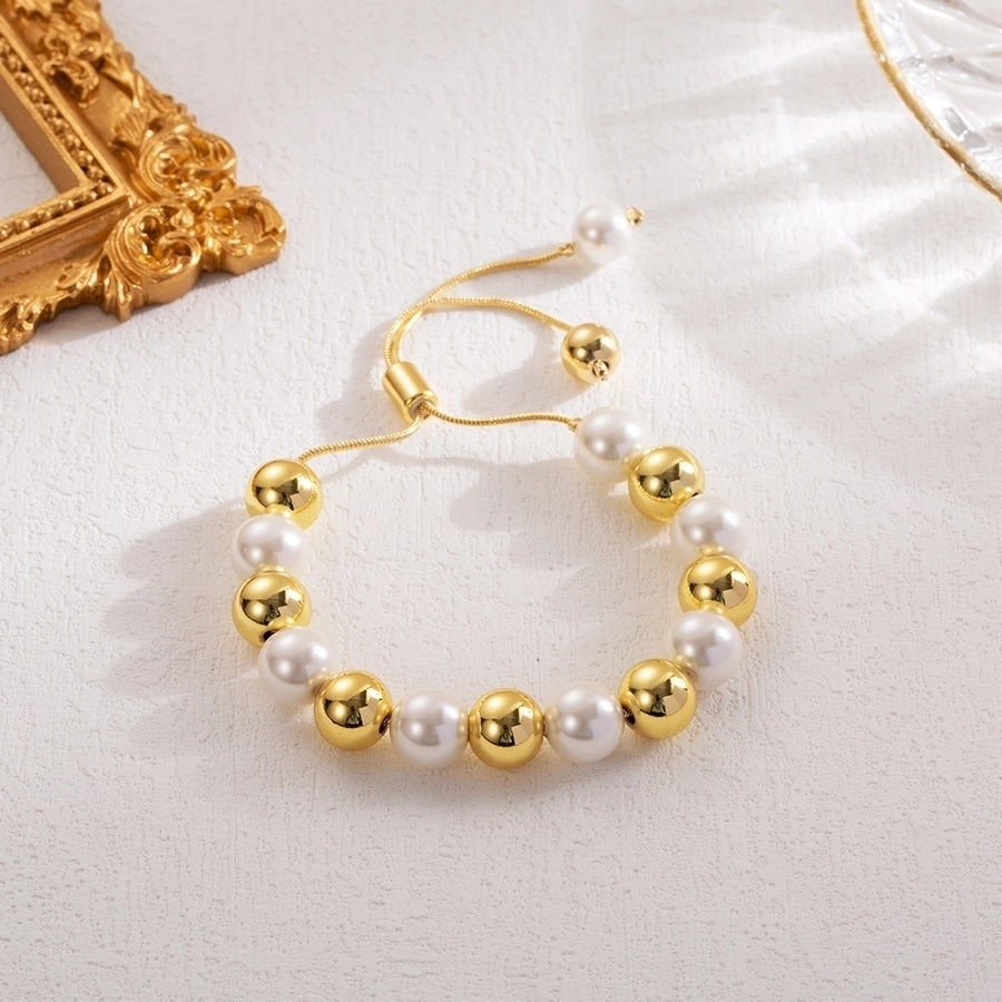 ig style simple style round imitation pearl copper 18k gold plated bracelets in bulk