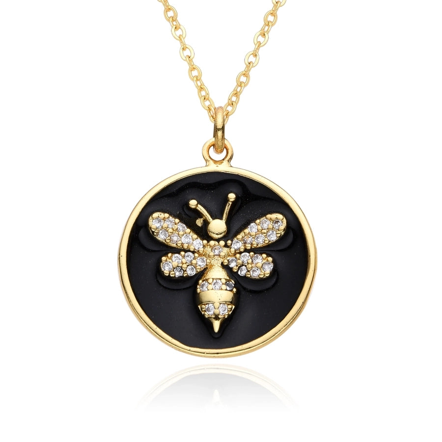 Copper Gold Plated Enamel Inlay Round Lion Bee Zircon Pendant Necklace