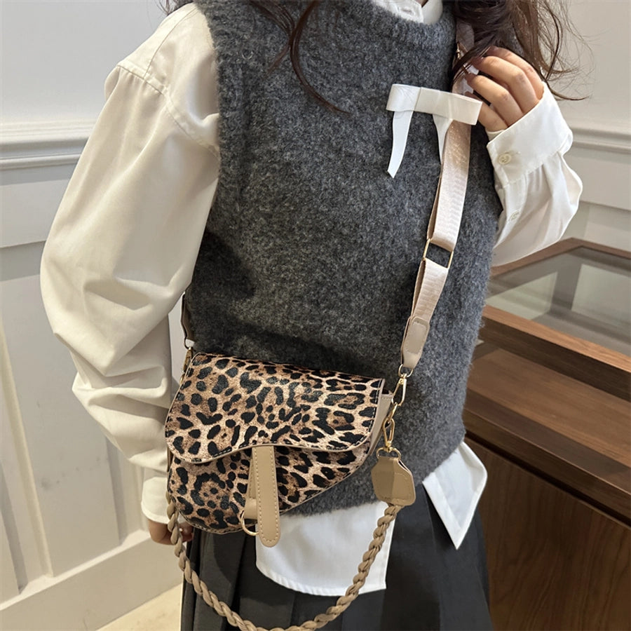 Women's Medium Pu Leather Leopard Streetwear Square Magnetic Buckle Saddle Bag