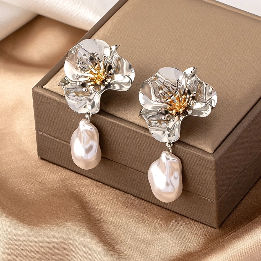 1 pair elegant retro french style flower plating inlay alloy pearl gold plated drop earrings