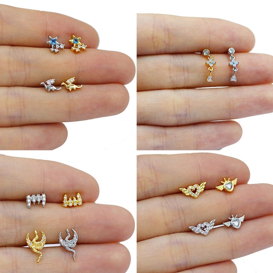 1 Piece Ear Cartilage Rings & Studs Rock Ethnic Style Simple Style Dinosaur Heart Shape Snake 316L Stainless Steel  Copper Inlay Rhinestones Glass Gold Plated