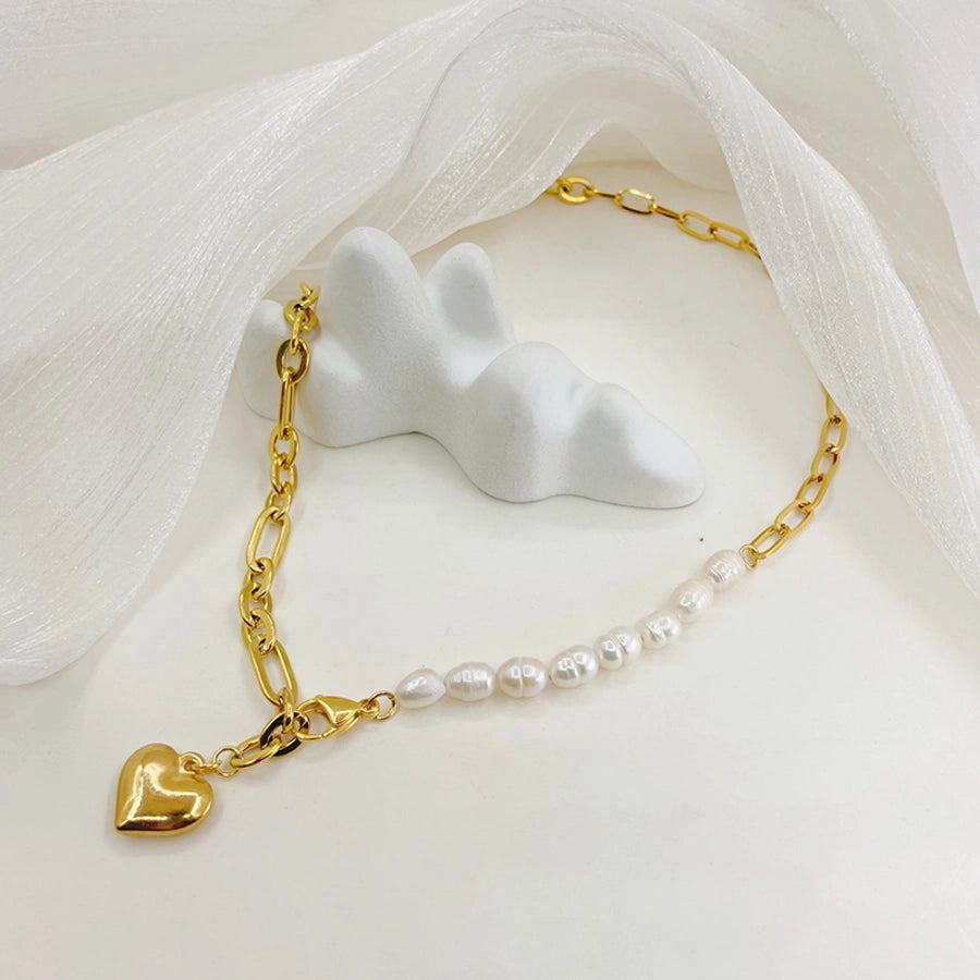 Jewelry Elegant Sweet Simple Style Heart Shape 304 Stainless Steel 14K Gold Plated Beaded Necklace