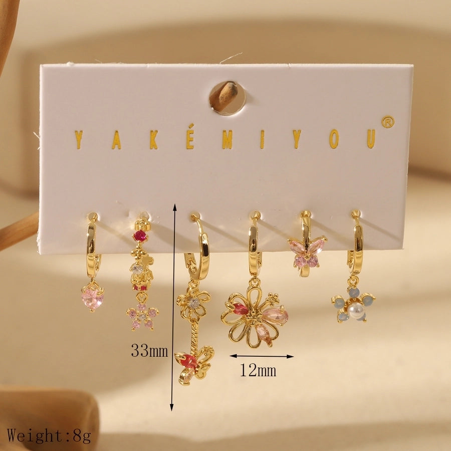 1 Set Yakemiyou Sweet Flower Inlay Copper Zircon 14K Gold Plated Huggie Earrings