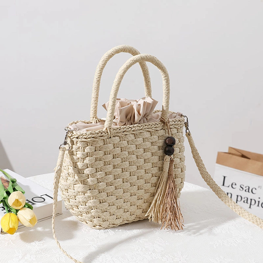 Women's Straw Solid Color Vacation Beading Tassel Weave Square String Shoulder Bag