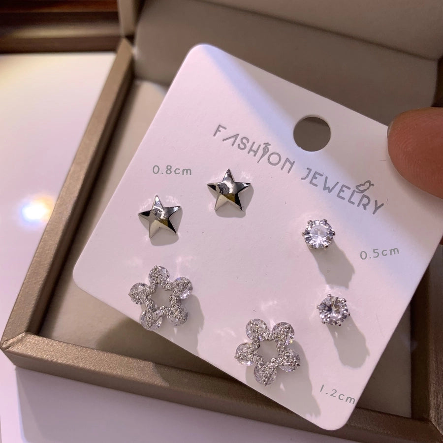 1 Set Casual Cute Shiny Star Heart Shape Flower Hollow Out Inlay Copper Artificial Diamond 14K Gold Plated 16K Gold Plated Ear Studs