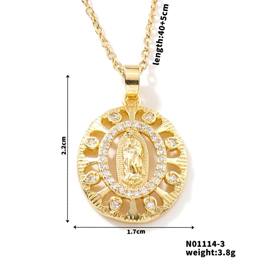 Jewelry Vintage Style Classic Style Geometric Round Virgin Mary 304 Stainless Steel Copper Zircon K Gold Plated Inlay Pendant Necklace - CEJEW