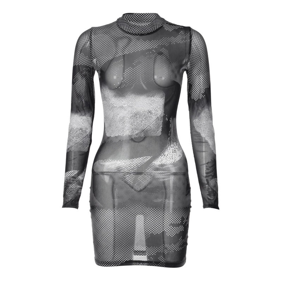 Women's Sheath Dress Streetwear Turtleneck Printing Long Sleeve Solid Color Knee-Length Holiday