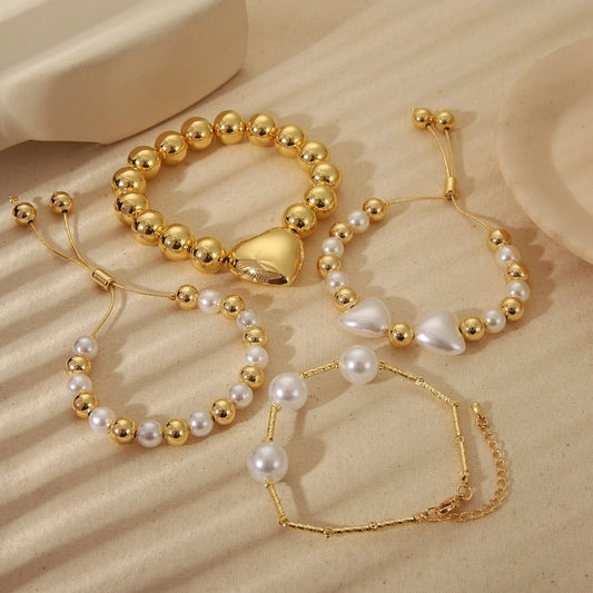 Jewelry Elegant Heart Shape Copper 18K Gold Plated Beaded Imitation Pearl Plating Bracelets