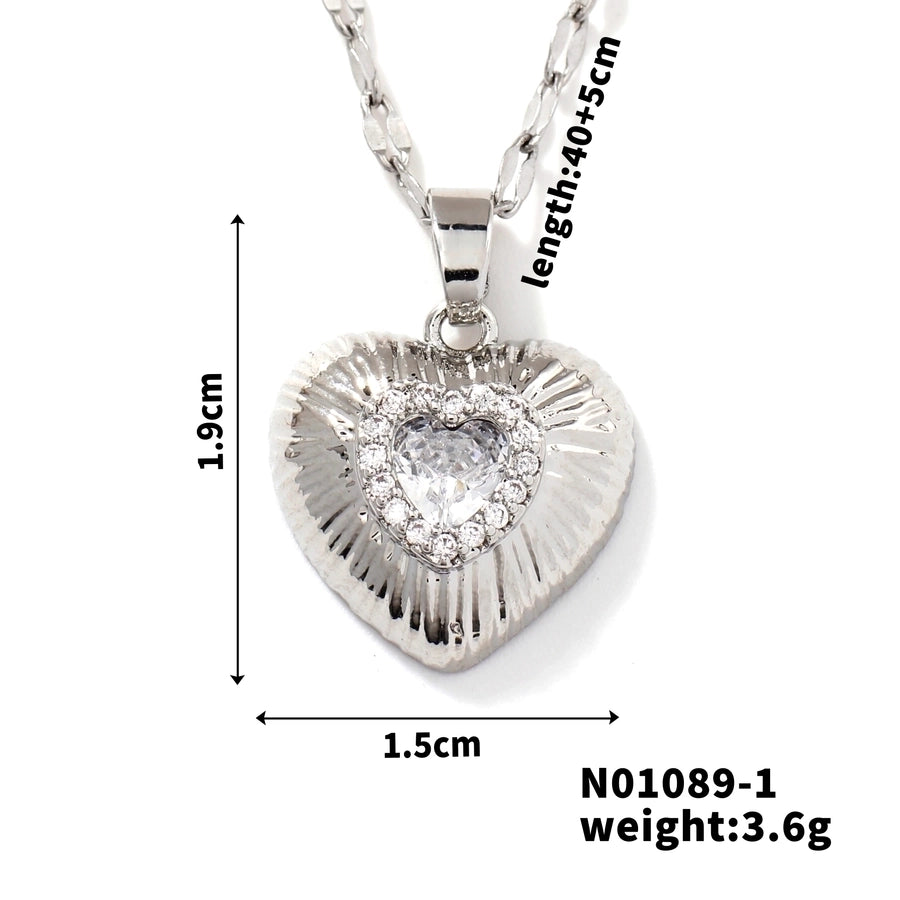 Jewelry Classic Style Heart Shape 304 Stainless Steel Copper Zircon K Gold Plated Rhodium Plated Inlay Pendant Necklace