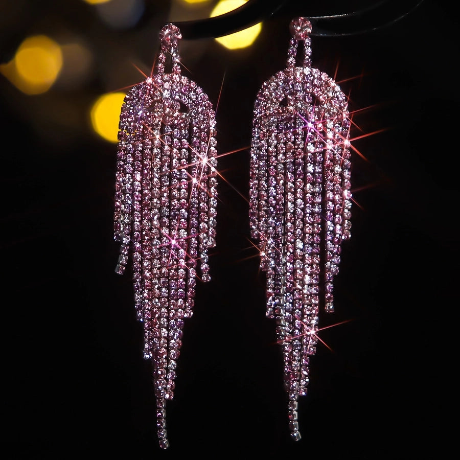 1 Pair Wedding Shiny Geometric Rhinestone Copper Drop Earrings