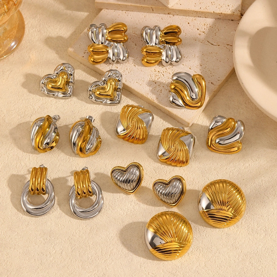 1 Pair Simple Style Geometric Heart Shape Mixed Metal Inlay 304 Stainless Steel Zircon 18K Gold Plated Ear Studs