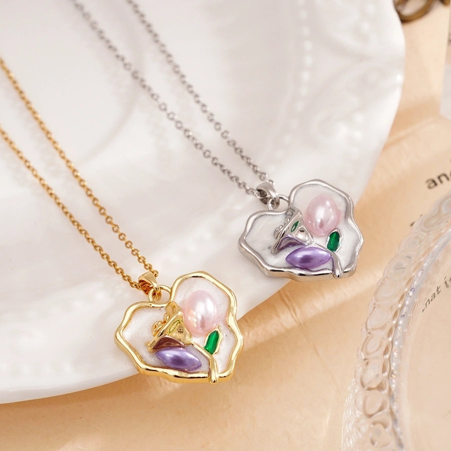 Jewelry Elegant Water Droplets Heart Shape Rose 304 Stainless Steel Copper Pearl White Gold Plated Gold Plated Enamel Plating Inlay Pendant Necklace