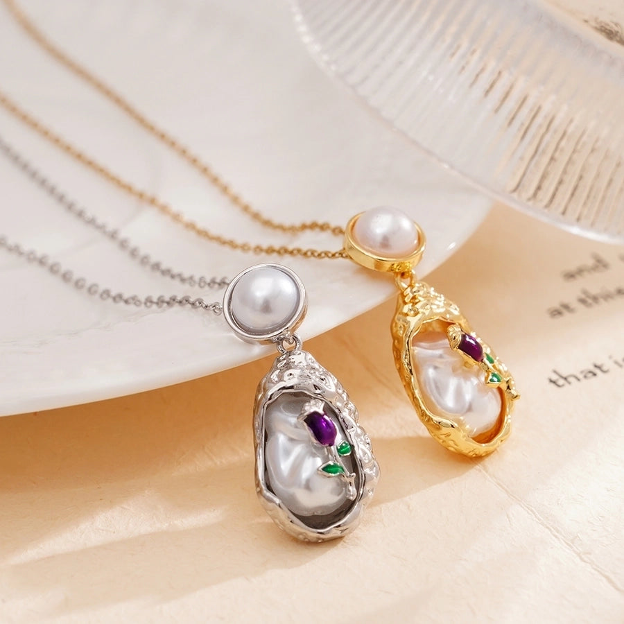 Jewelry Elegant Water Droplets Heart Shape Rose 304 Stainless Steel Copper Pearl White Gold Plated Gold Plated Enamel Plating Inlay Pendant Necklace