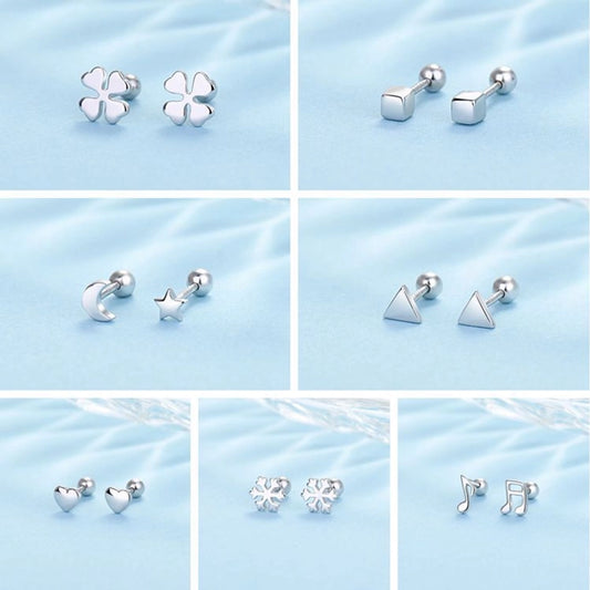 S925 silver anti-lost earrings love four-leaf clover round earrings stainless steel screw to prevent falling off without picking ear holes