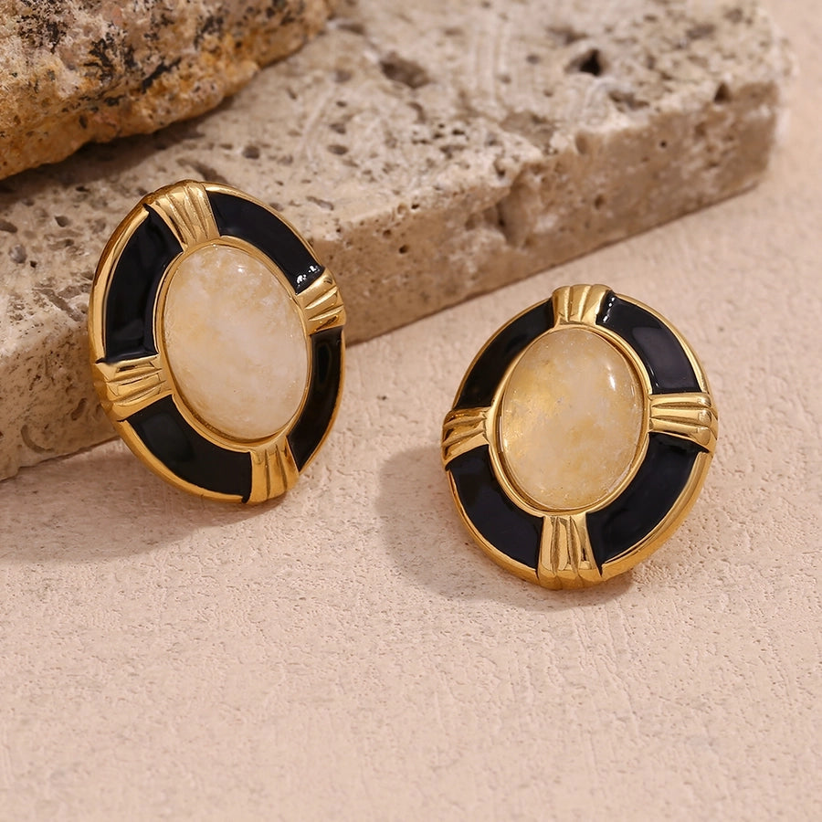 1 Pair Vintage Style Simple Style Classic Style Oval Plating Inlay 304 Stainless Steel Natural Stone 18K Gold Plated Ear Studs - CEJEW