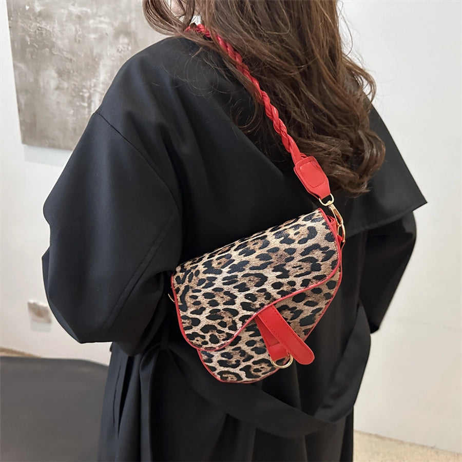 Women's Medium Pu Leather Leopard Streetwear Square Magnetic Buckle Saddle Bag