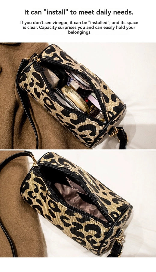 Women's Medium Pu Leather Leopard Elegant Preppy Style Cylindrical Zipper Crossbody Bag