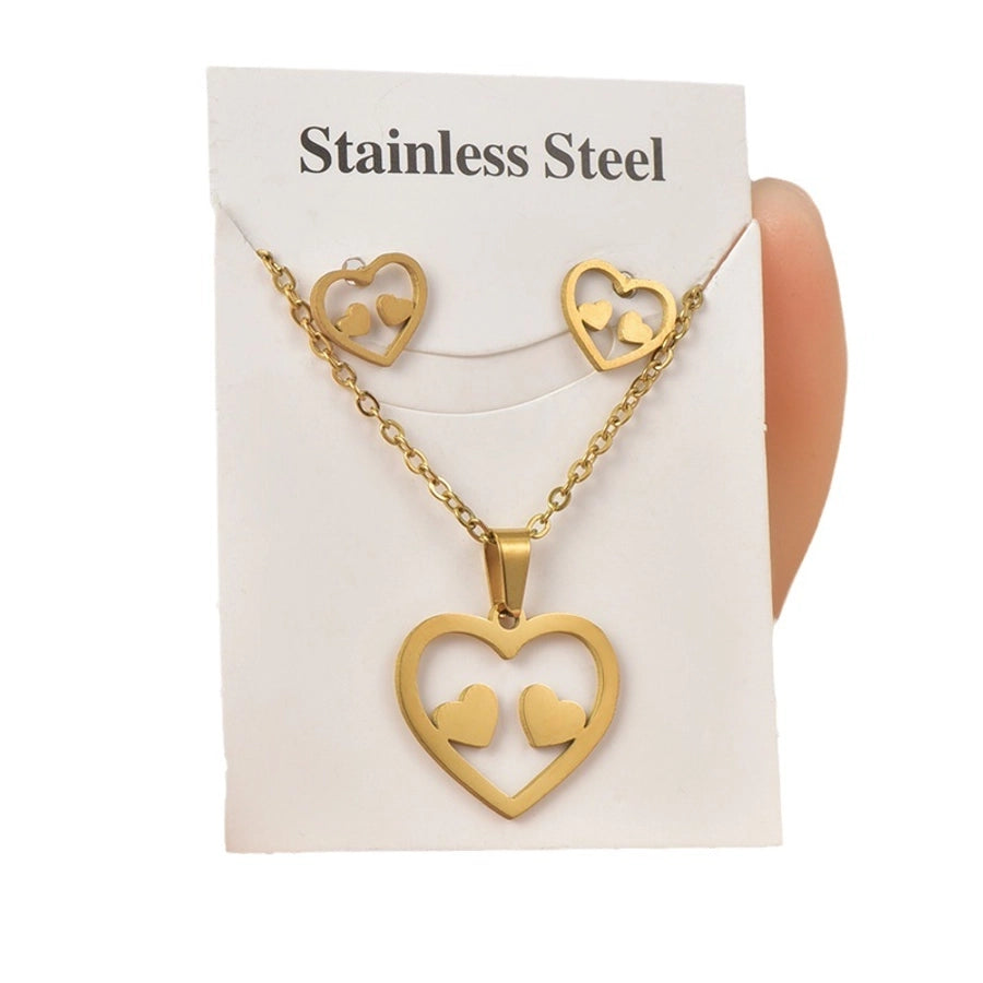 Jewelry Sweet Simple Style IG Style Heart Shape Titanium Steel Hollow Out Jewelry Set