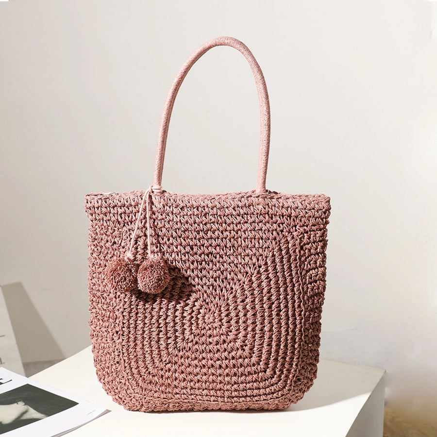 Women's Medium Straw Solid Color Classic Style Weave Square Zipper Straw Bag