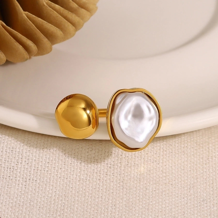 Jewelry Vacation French Style IG Style Geometric 304 Stainless Steel Artificial Pearls 18K Gold Plated Plating Inlay Open Rings