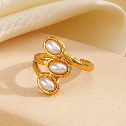 Jewelry Vintage Style Geometric 304 Stainless Steel Artificial Pearls 18K Gold Plated Inlay Open Rings