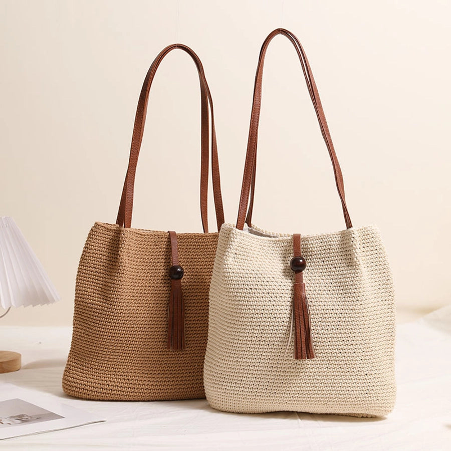 Women's Medium Cotton Solid Color Classic Style Weave Square Magnetic Buckle Straw Bag