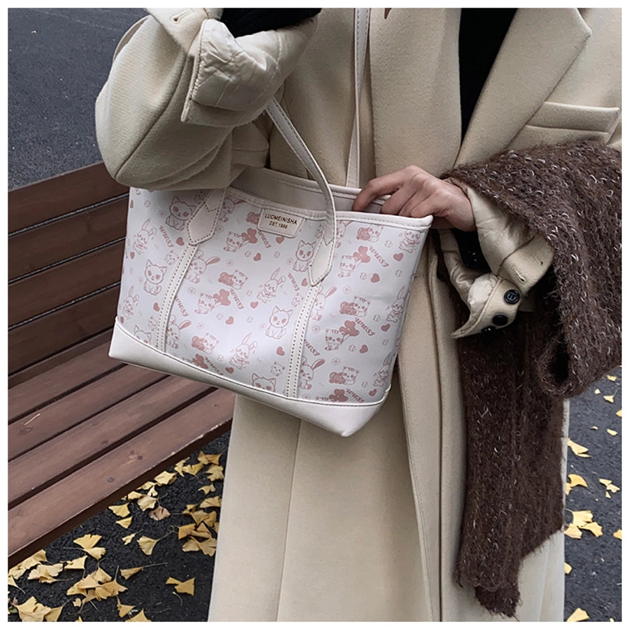 Women's Medium Pu Leather Cat Cute Streetwear Sewing Thread Square Zipper Tote Bag